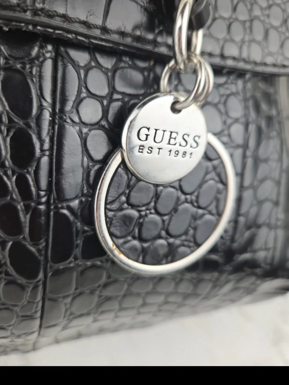 GUESS Black Croc-Embossed Top Handle Satchel with Charm